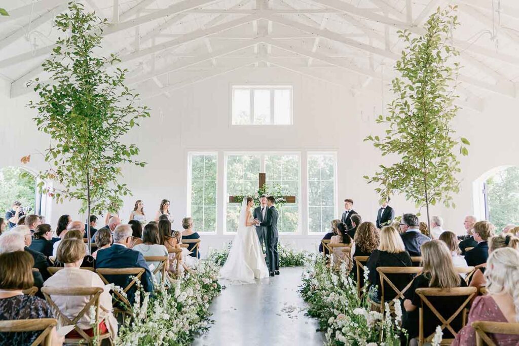 Ohio wedding ceremony in all white venue Magnolia hill farm